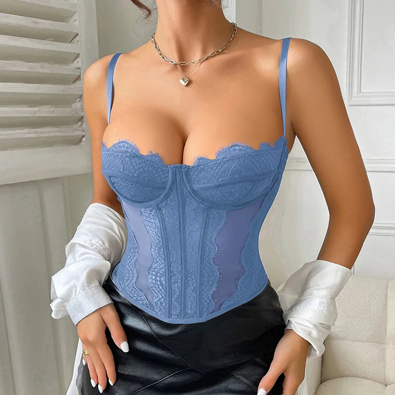Women Lace Bustier Top Sexy Sheer Mesh See Through Spaghetti Strap Slim Camisole Y2K Going Out Night Club Party Corset Top sky blue
