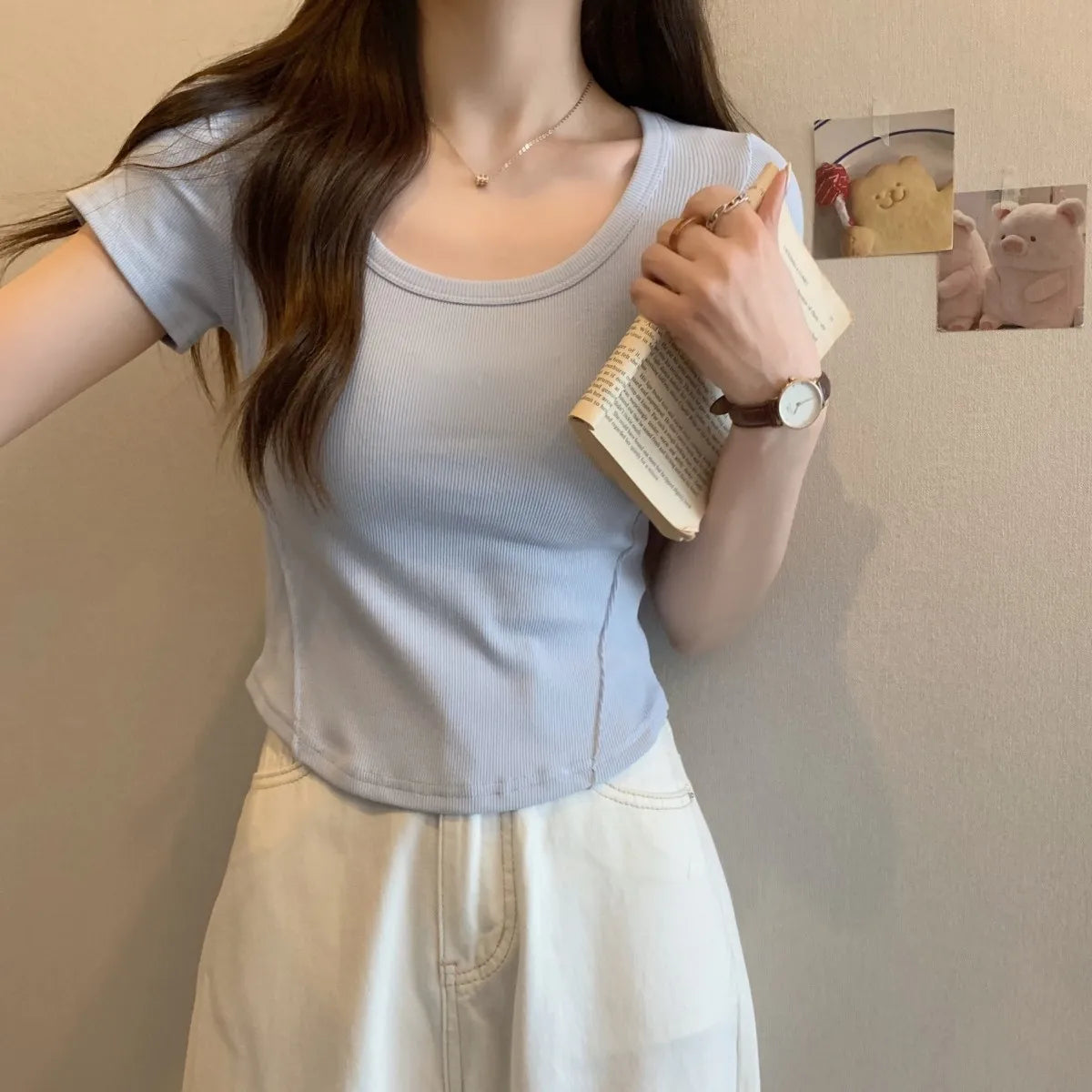 Y2K T-shirt Women V-neck Irregular Short Sleeve Crop Top New Korean Fashion Slim High Waist Solid Tee Shirt Woman Sexy Clothes