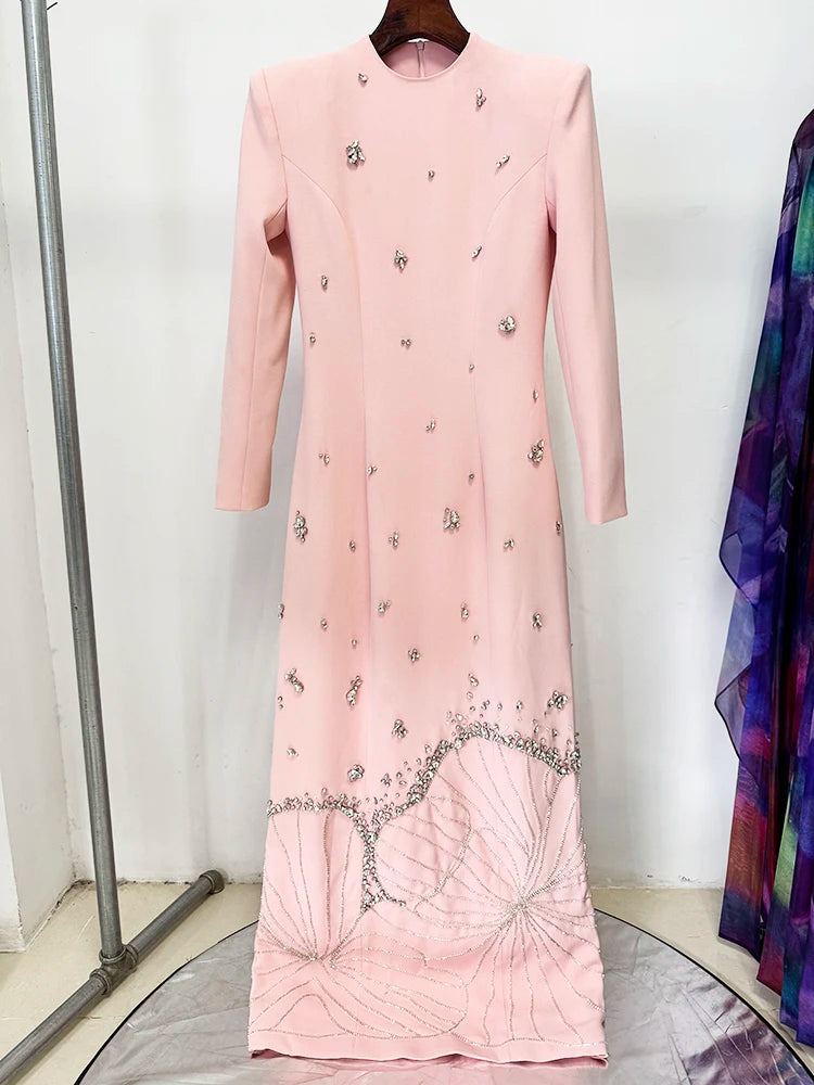 HIGH STREET Newest 2025 Designer Vestido Women's Long Sleeve Luxurious Crystal Diamonds Beaded Long Maxi Dress Badiee Stylez