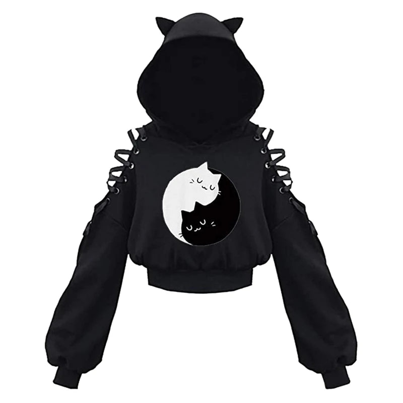 Y2k Gothic Womens Hoodie Cat Ear Crop Top Hooded Sweatshirt Hollow Out Lace Up Long Sleeve Hodded Casual Pullover Autumn B