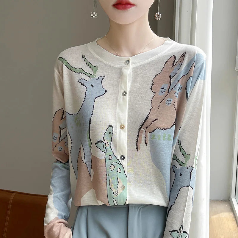 Spring And Summer New Lyocell Water-Soluble Wool Blended Round Neck Knit Cardigan Long Sleeve Feminine Sweater Printed Top 1 CHINA