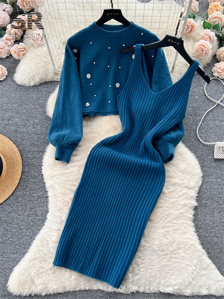 SINGREINY Beading Casual Two Piece Set Women Long Sleeve O Neck Pullover Midi Dress Fashion 2023 Winter Sweater Suit Dresses Badiee Stylez