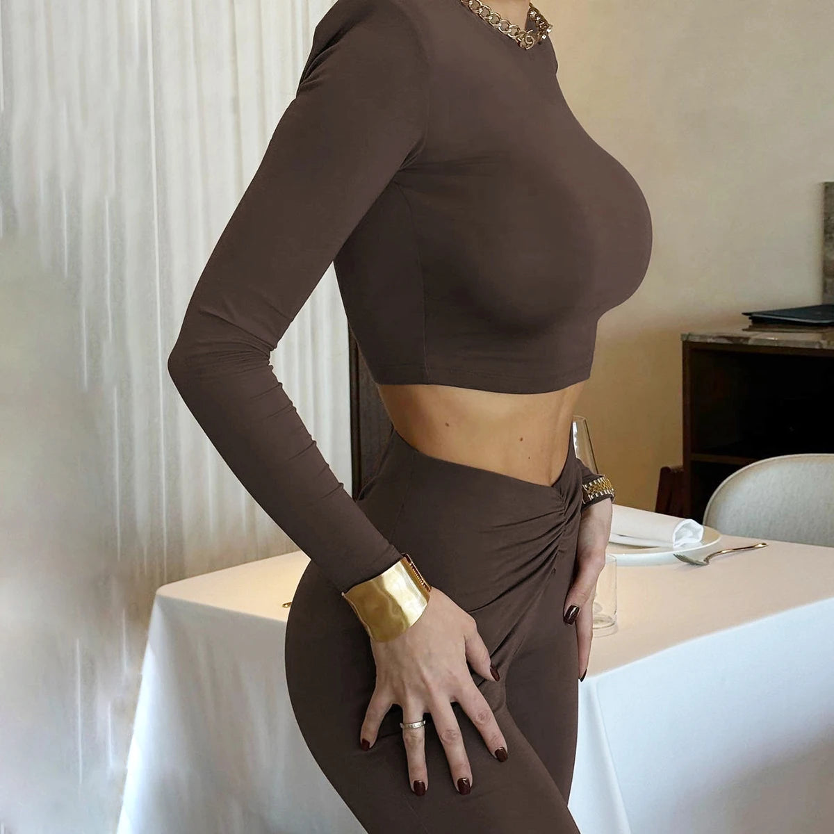 Hawthaw Women 2024 Spring Autumn Long Sleeve Crop Tops Long Pants Two Piece Matching Sets Outfits Wholesale Items For Business