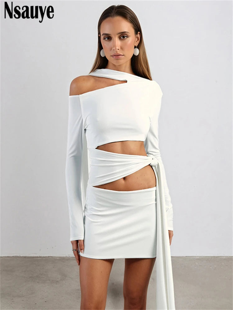 Nsauye Women New Fashion Halter Long Sleeve Mini Hollow Out Irregular Dress Outfits Elegant Sexy Night Club Lace Up Party Dress WHITE