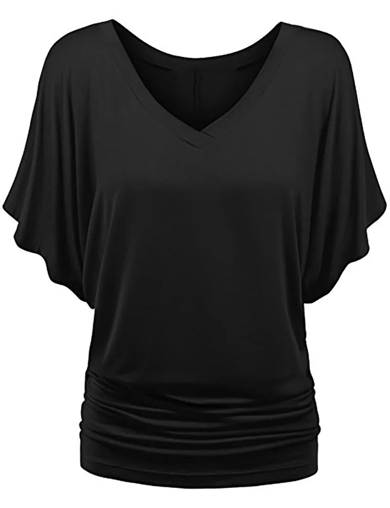 Women V Neck Short Sleeve Pleated Loose T-shirts Summer Lady Batwing Sleeve Oversized S-5XL Tee Shirt Tops OUYMFZ-A1375 Black