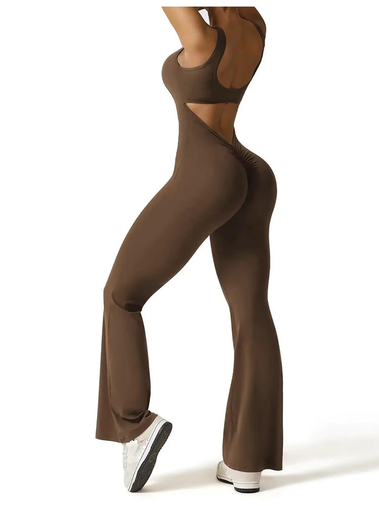2025 Summer New Women's Sexy Hottie Style Backless One-piece Suit Sports Fitness Yoga Pullover One-piece Suit Flared Pants Coffee