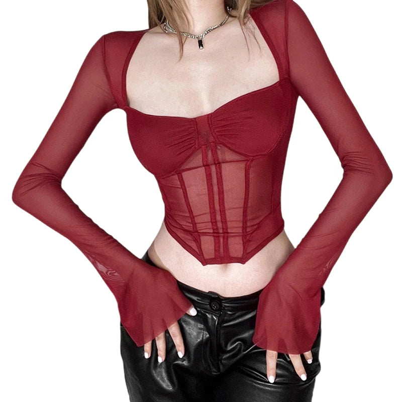 Xingqing Sexy Crop Tops Women Solid Color Sheer See Through Square Neck Long Sleeve Fishbone Corset T Shirts Ladies Clothing As photo shows 1