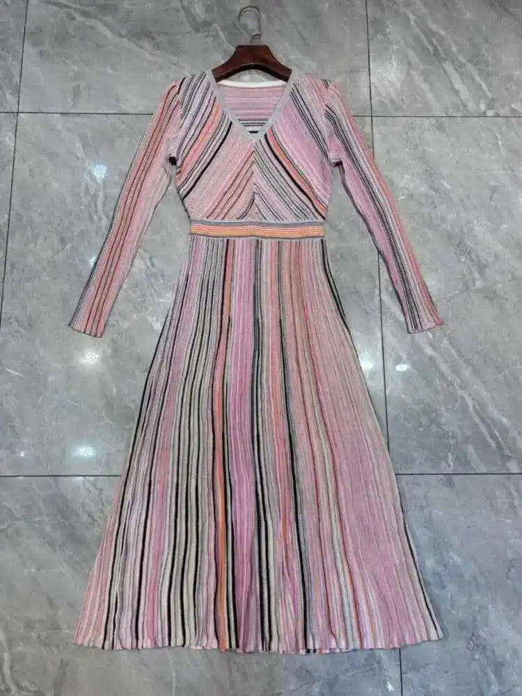 QMQA Fashion Women's Gradient Stripes Design Dresses V Neck High Waist Long Sleeve Elegant Party Dress Female Spring New 1A116 Badiee Stylez