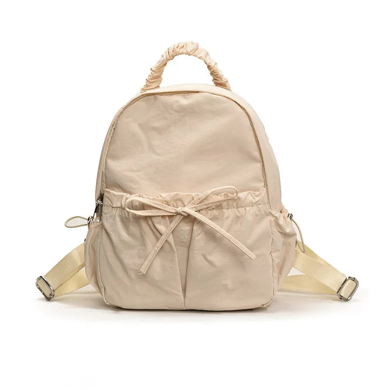 Simple And Versatile Drawstring Bow Large Capacity Backpack With Personalized Embroidered Name Nylon Backpack Beige