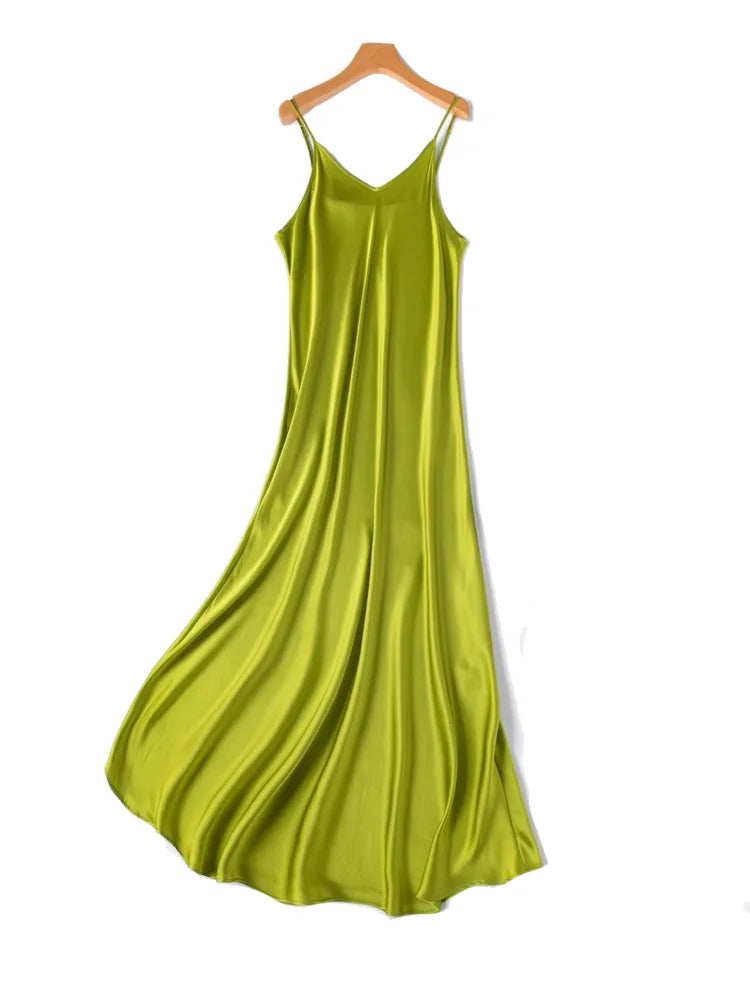 SuyaDream Woman Long Dress, 100%Real Silk, V Neck, Solid Spaghetti Strap Dresses, 2025 Elegant Chic Clothes Badiee Stylez