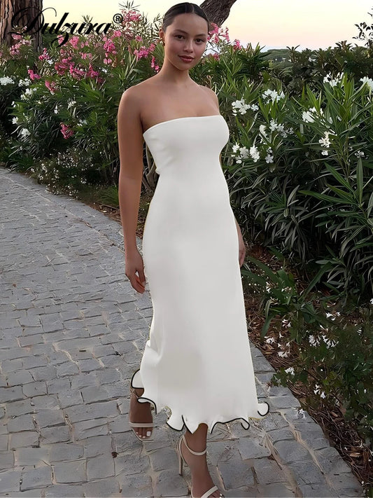 Dulzura Sleeveless Ruffles Patchwork Strapless Bodycon Midi Dress Women'S Solid Sexy Outfit Party Clubwear For Autumn Winter