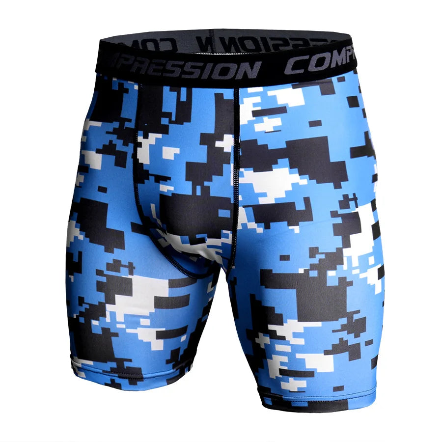 Compression Shorts Men 3D Print Camouflage Bodybuilding Tights Short Men Gyms Shorts Male Muscle Sport Elastic Running Shorts Block Blue