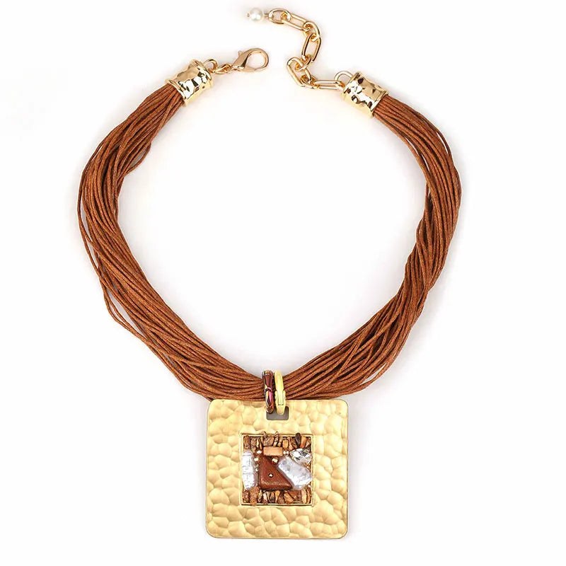 Statement Vintage Necklace with Square Pendant for Women Girl Trendy Wedding Party Jewelry Brown