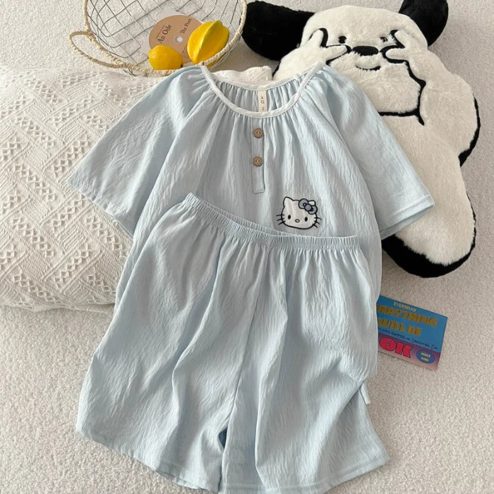 Summer New Cloud Cotton round Ne Button Sweet Cartoon Spwear Two-Piece Set Lightweight Comfortable Student Home Clothes Blue kt cat