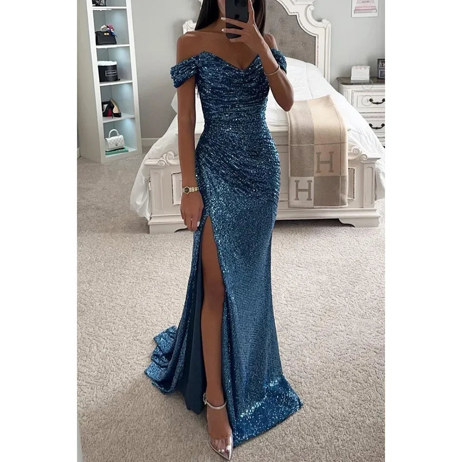Womens Dresses New Party Sequin One Line Neckline Slit Dress Casual Fashion Dress for Women Malachite Blue