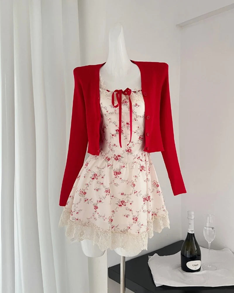 Y2K Sweet Floral Dress Set Woman Casual Red Short Cardigan Elegant Lace Mini Dress Female Korean Prairie Chic Clothing Suit