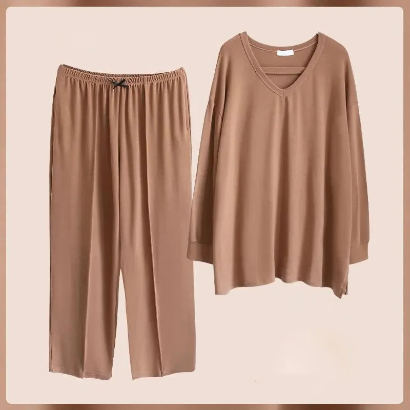 150KG Extra Large Size Loose Pajamas Women Solid Long-sleeved V-neck Two-piece Set Spring Casual Loungewear Can Be Worn Outside Brown