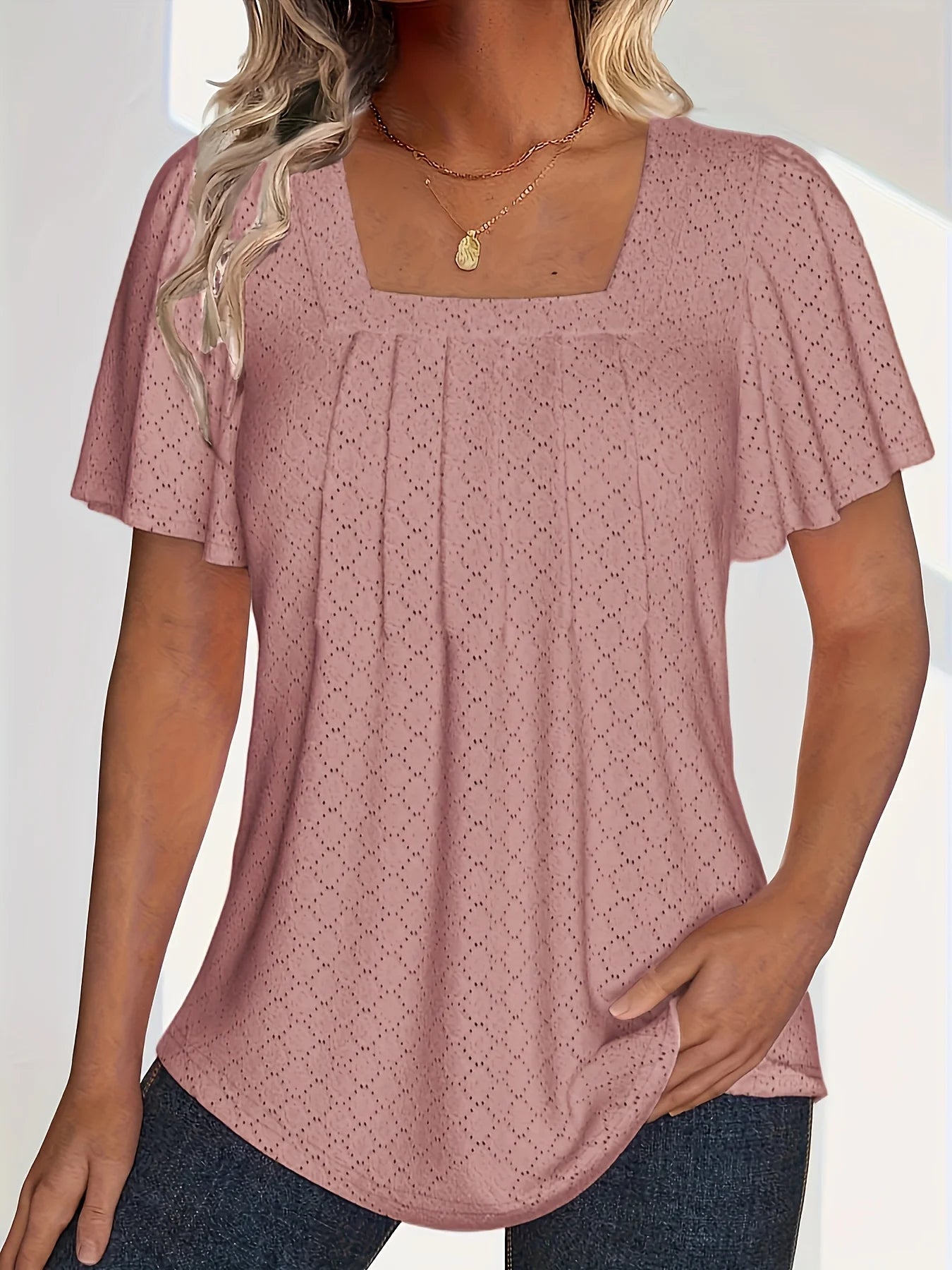 Plus size spring and summer fashionable and elegant hollow tops for women office wear loose ruffle sleeves versatile tops for pale pinkish grey