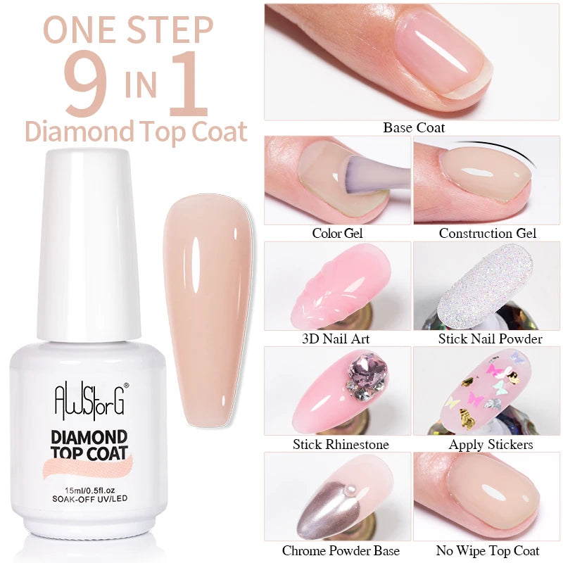 AWStorG15ml 2 IN 1 Crystal Top Coat Transparent Soak Off UV LED Nails Art Manicure Gel Nail Polish Varnishes Primer Function Gel Diamond Top 03