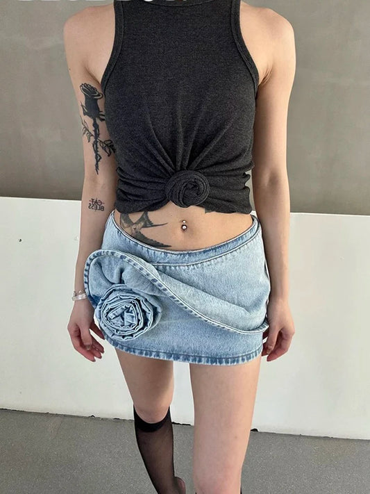 Rose Decoration Low Waist Women's Denim Skirt Y2K Temperament High Street Mini Half-body Skirt 2025 Summer New
