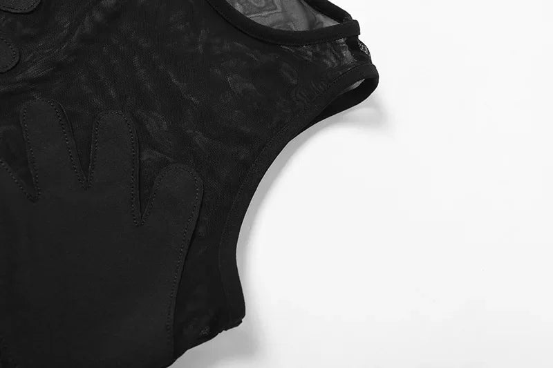 Fashion Round Neck Sleeveless Y2k Top Sexy Net Yarn Slightly Sheer Women Clothing High Stretch Embroidery Streetwear Crop Top