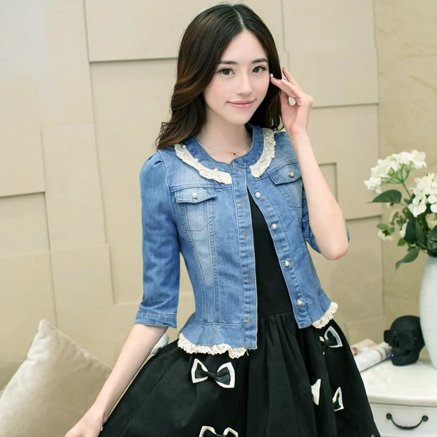 2023 Spring/Summer New Denim Jacket Women's Korean Casual Slim All-Match Short Crop Sleeve Short Sleeve Denim Button Up Top 40502
