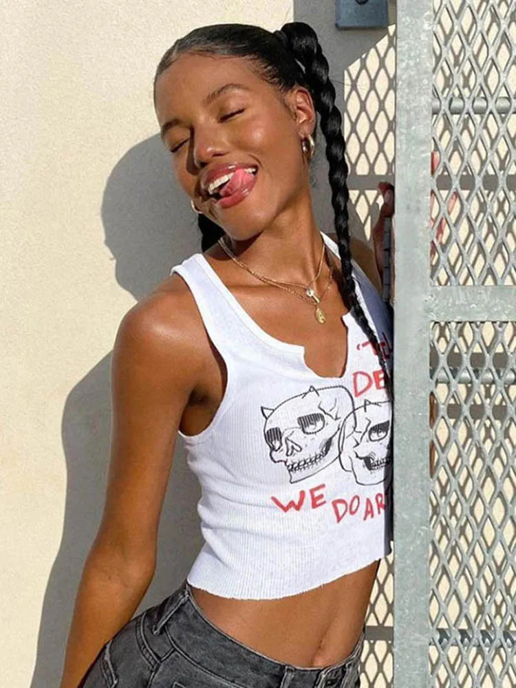 Square Collar Trendy Letter Print With Pin Buckles Tank Tops Women Skull Printed Casual Stretchy Sleeveless Crop Top