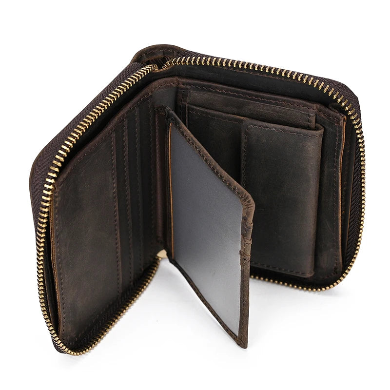 2023 New Short Wallet Men Women Vintage Fashion Card Holder Zipper Coin Purse Crazy Horse Leather Mens Slim Zipper Purse Wallet