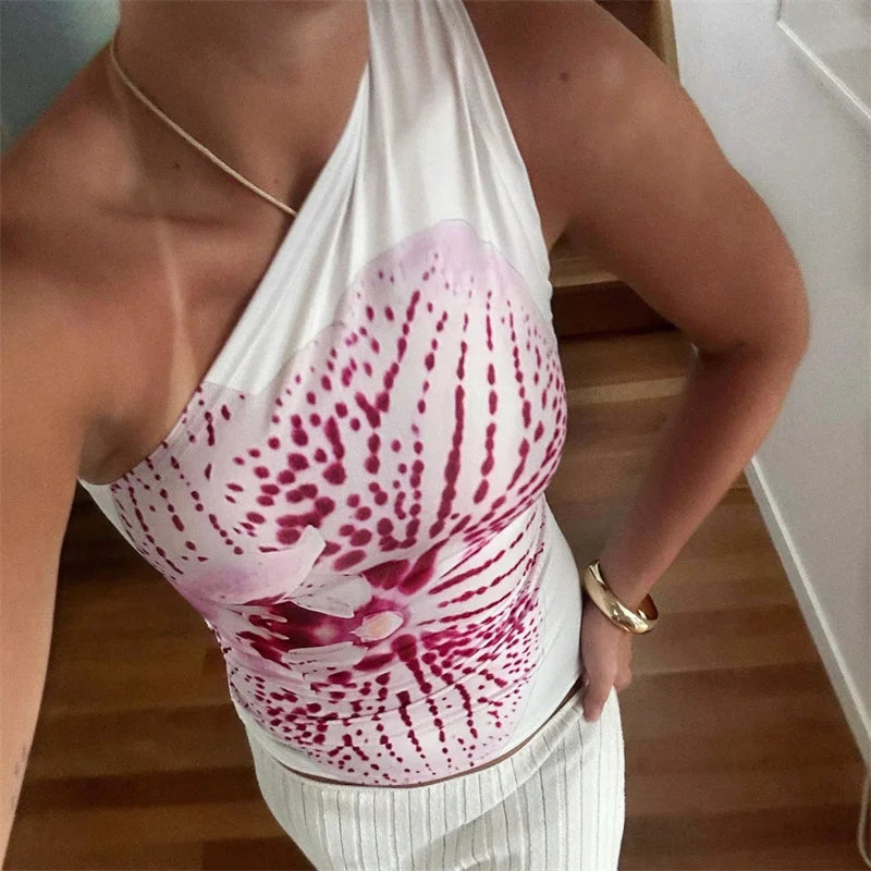 Xingqing One Shoulder Tank Top for Women Floral Print Sleeveless Backless Vest Cropped T Shirt y2k Aesthetic Clothing Streetwear