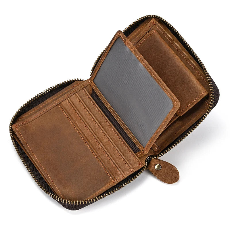 2023 New Short Wallet Men Women Vintage Fashion Card Holder Zipper Coin Purse Crazy Horse Leather Mens Slim Zipper Purse Wallet