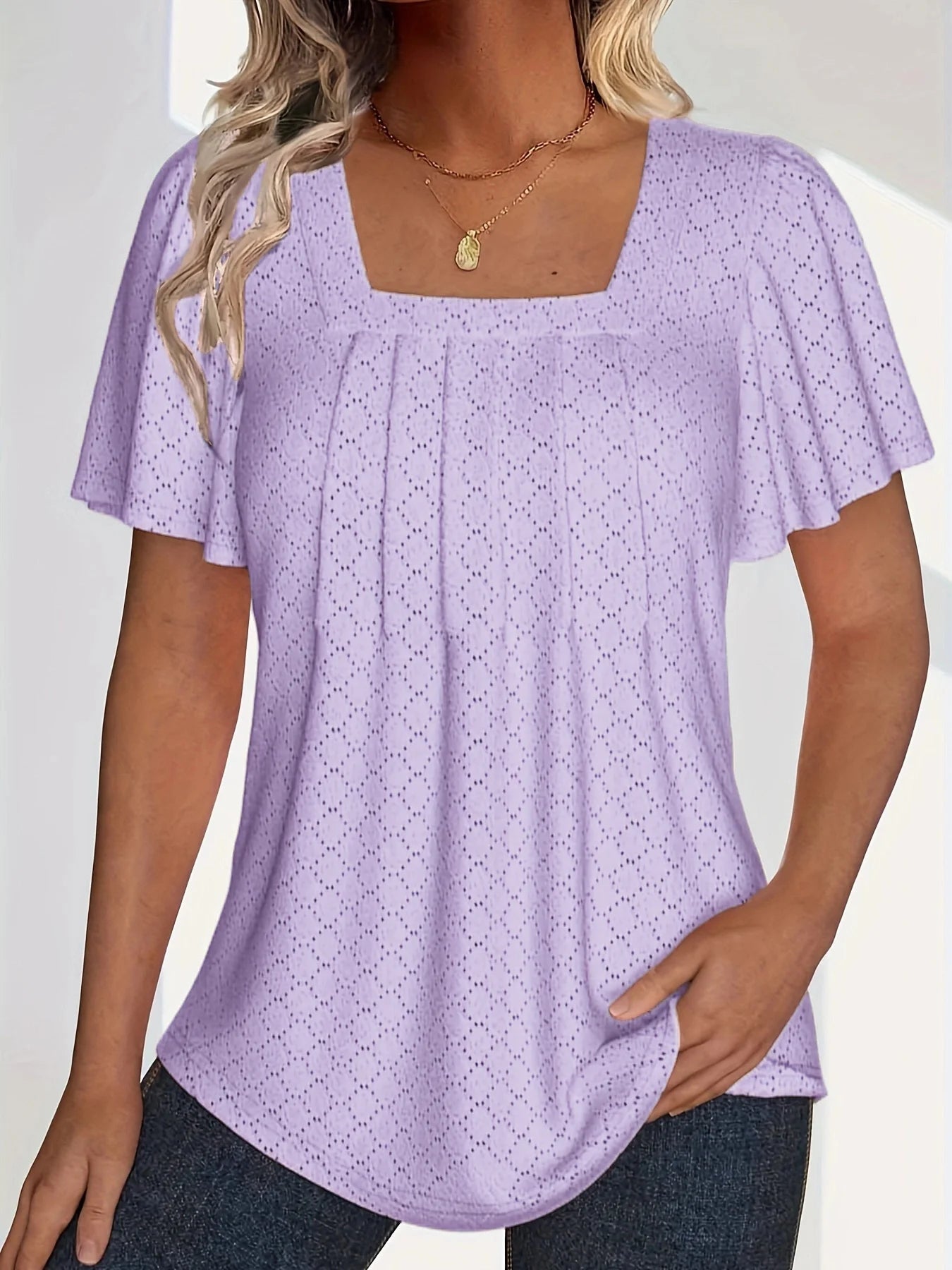Plus size spring and summer fashionable and elegant hollow tops for women office wear loose ruffle sleeves versatile tops for Purple