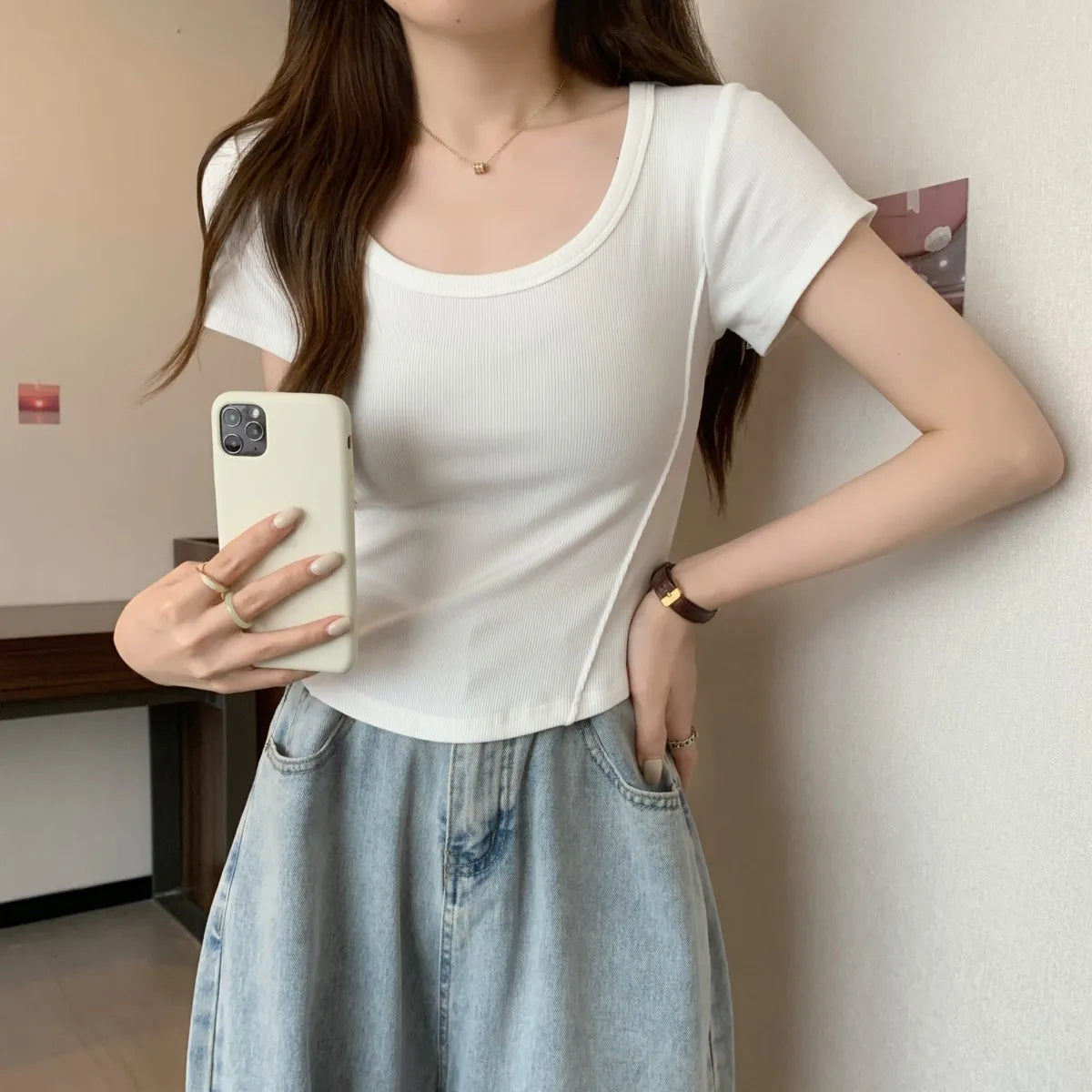 Y2K T-shirt Women V-neck Irregular Short Sleeve Crop Top New Korean Fashion Slim High Waist Solid Tee Shirt Woman Sexy Clothes