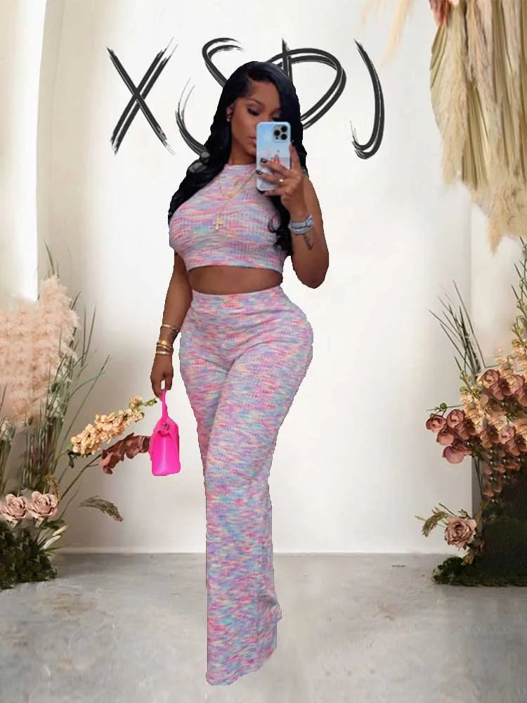 2 Piece Sets Womens Outfits Elegant Stretchy Knitted Summer Suit Sexy Sleeveless Top and Pant Suit Wholesale Dropshipping Pink