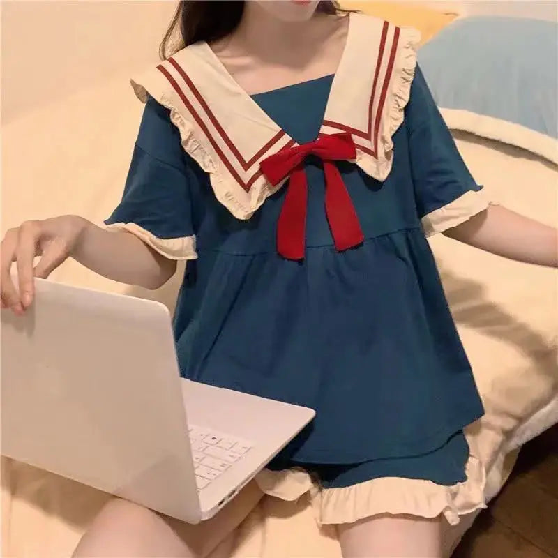 Pajamas Two-Piece Female Spring and Summer New Short-Sleeved Princess Navy Wind Sweet and Cute Students Cartoon Ladies Homewear Blue102