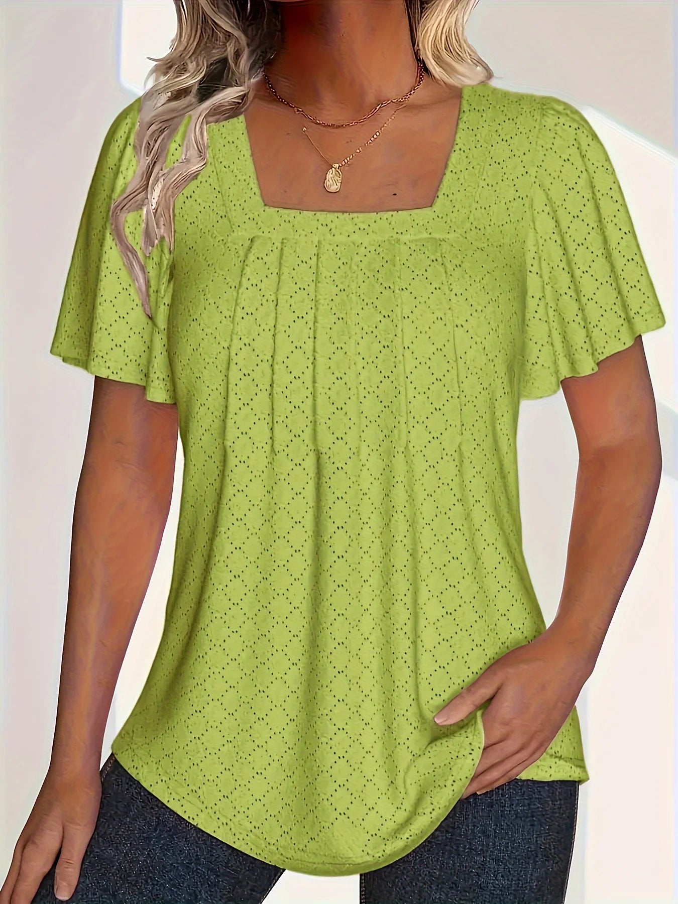 Plus size spring and summer fashionable and elegant hollow tops for women office wear loose ruffle sleeves versatile tops for Yellow Green