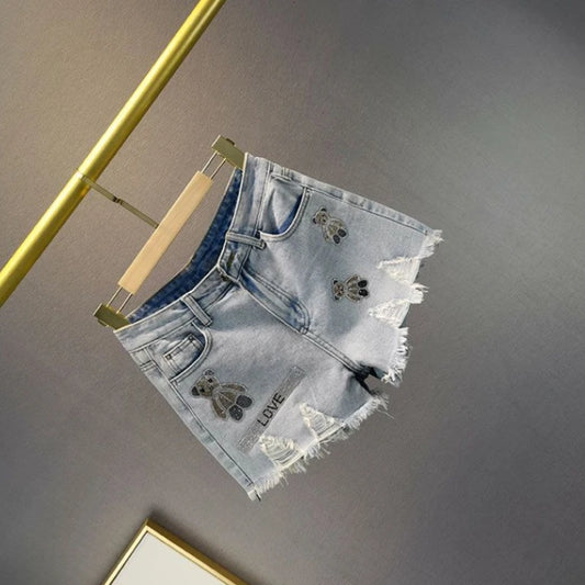 New In Kpop Ripped High Waist Denim Shorts for Women Woman Summer Hot Trend 2025 Y2k Vintage With Rhinestones Short Jean Pants