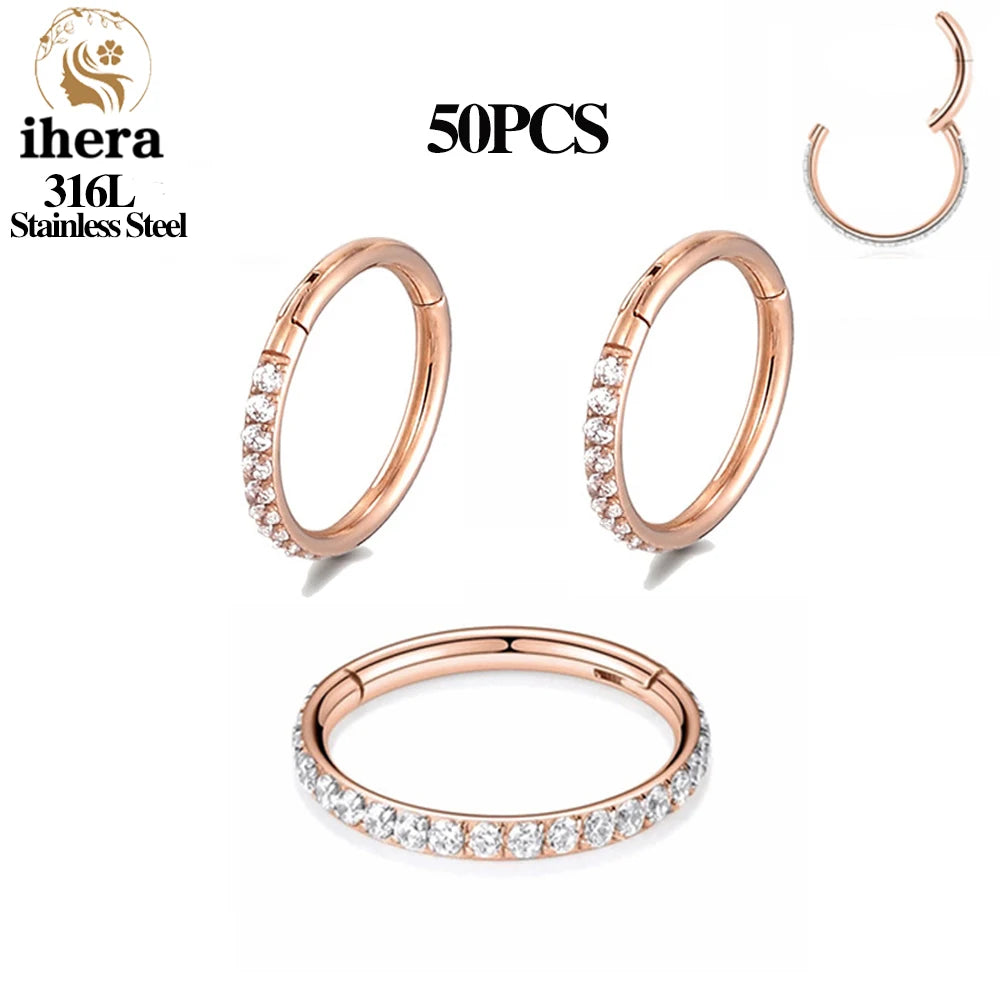 316L Stainless Steel Zircon CZ Hinged Segment Nose Septum Clicker Ring Round Earrings Hoops Ear Tragus Helix Piercing Jewelry 50PC Rose Gold Color CHINA