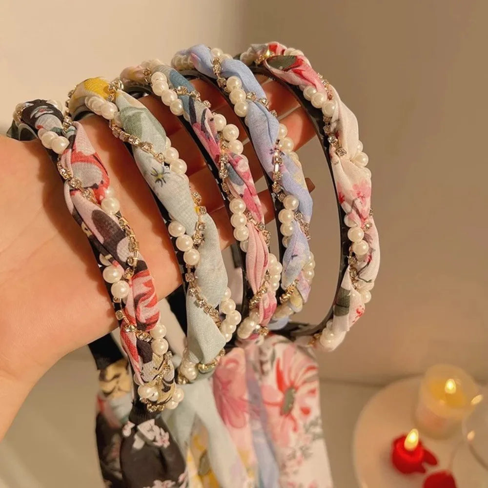 Retro Silk Scarf Headband Floral Print Pearl Braided Hairband Adjustable Bow Non Slip Ribbon Hairband for Women Girls Kid