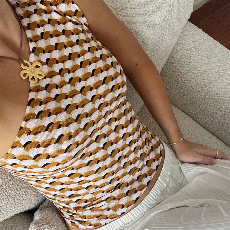 Xingqing One Shoulder Tank Top for Women Floral Print Sleeveless Backless Vest Cropped T Shirt y2k Aesthetic Clothing Streetwear