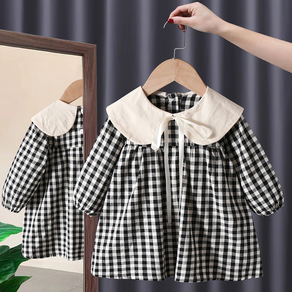 Spring Autumn toddler kids Girls' Clothes baby lattice Long sleeved Dresses costume for children Girls clothing Outfits dress black CHINA