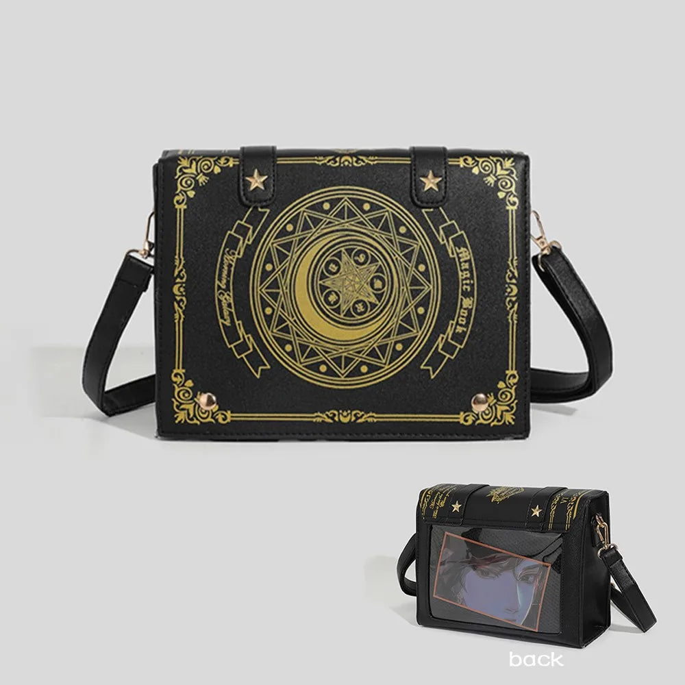 Kawaii Star Moon Badge Display Shoulder Bag Magic Book Design Transparent Window Women Messenger Bag PU Girls Ita-bag Lolita Black