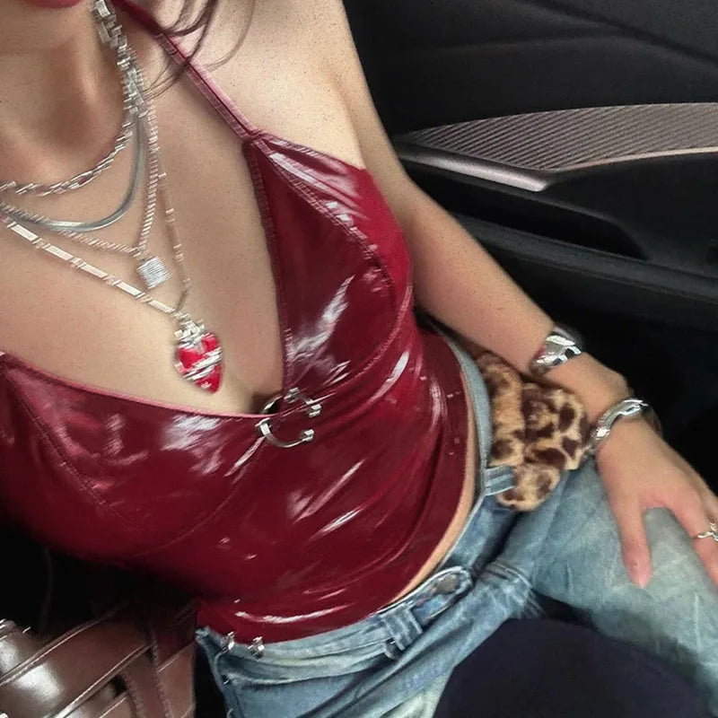 New y2k Solid Metal Button Women’s Halter Tops Sleeveless Pu Leather Punk Baddie Slim Women Blouses Streetwear Clothing Crop Top