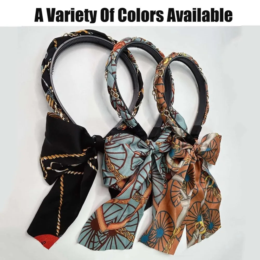 Retro Silk Scarf Headband Floral Print Pearl Braided Hairband Adjustable Bow Non Slip Ribbon Hairband for Women Girls Kid