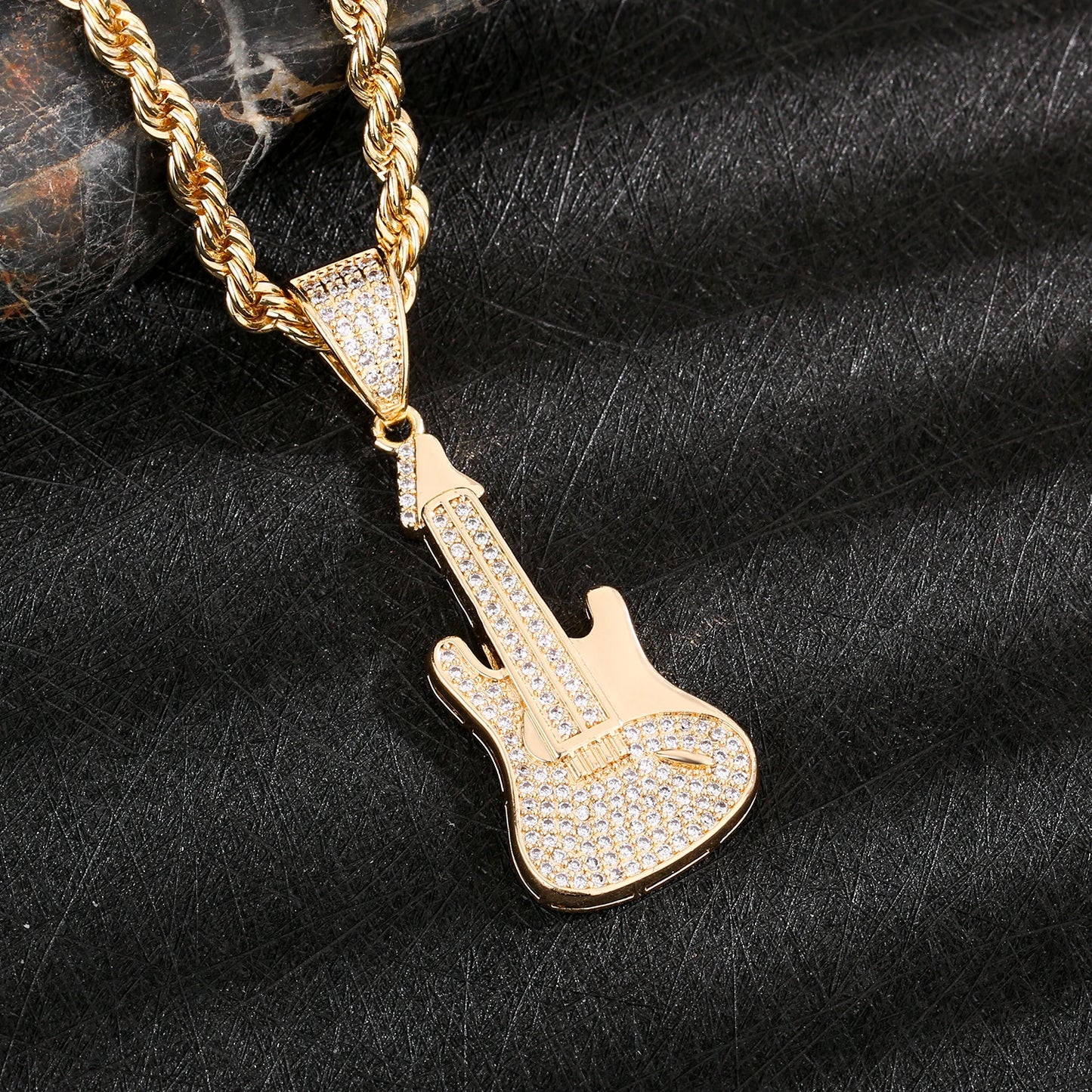 Brass Guitar Pendant Necklace 14K Gold Plated with Zircon Stones Y2K Minimalist Musical Jewelry Hot Trendy Accessory