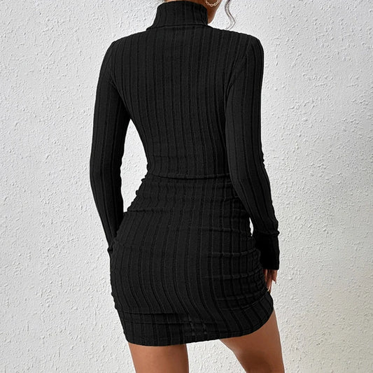 New Solid Dress Women Elegant Party Autumn Winter Turtleneck Long Sleeves Sexy Sheath Mini Dresses Bodycon Club Knitted Dress