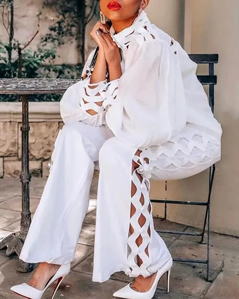 2 Piece Set Women Plus Size Hollow Out Sexy Young Daily Soft Full Sleeve Fashion Pants Wide Leg Wholesale Dropshipping