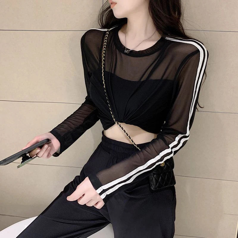 Y2K Sheer Sun-Proof Shirts Women Striped Long Sleeve T Shirts Streetwear See Through Mesh Blouses Korean Sun Protection Tops New