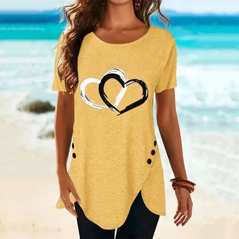 Women's Short-sleeve Heart Printed T-shirt Summer Casual Loose Long Top Tee Shirt Clothing Fashion T Shirt Streewear Oversized