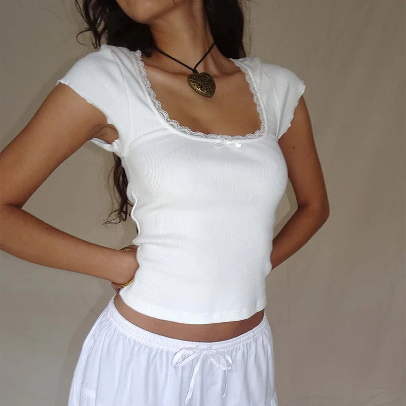 y2k Vintage Baby Tee Cottage Lace Trim Knitted T-Shirt Summer Square Neck Short Sleeve Tee Shirt Women White Milkmaid Crop Top WHITE