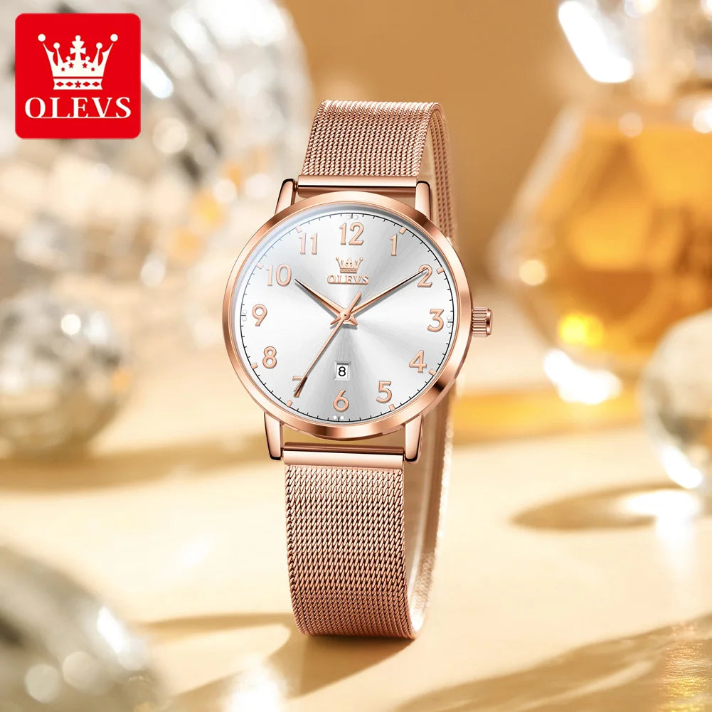 OLEVS New 5653 Woman Watch Elegant Rose Gold Mesh Steel Strap Ladies Watches Digital Dial Simple Fashion Quartz Watch for Women Rose White CHINA